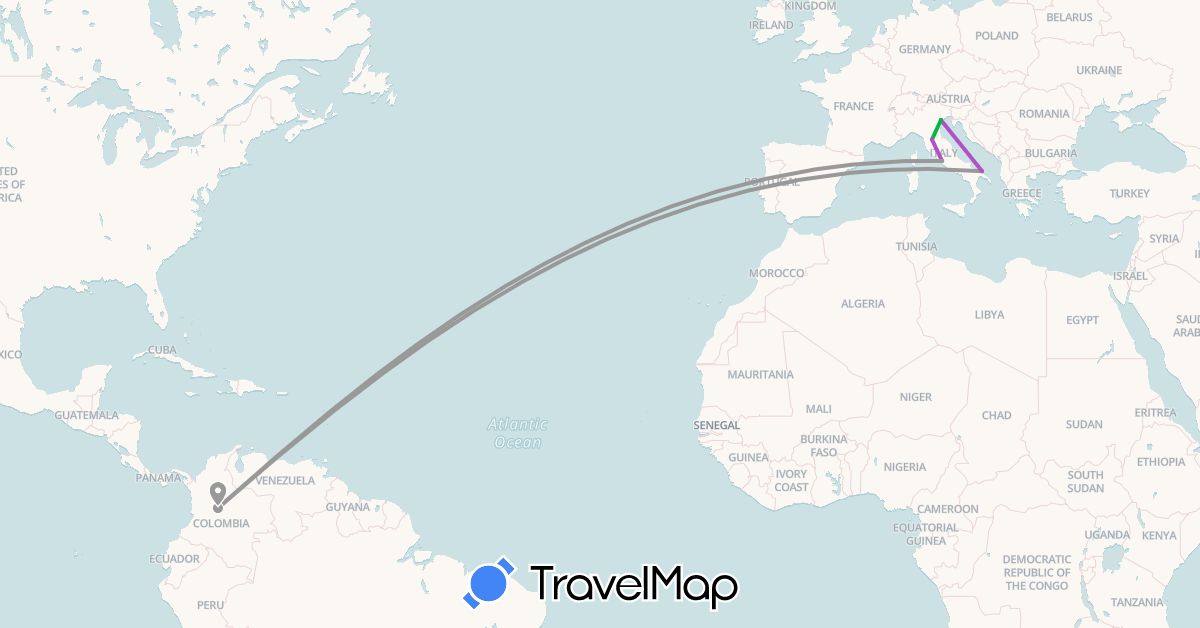 TravelMap itinerary: driving, bus, plane, train in Colombia, Italy (Europe, South America)